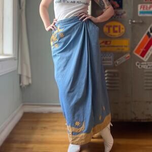Vintage 90s Western Denim Skirt | Celestial Star Applique Wrap Maxi | M / 29"